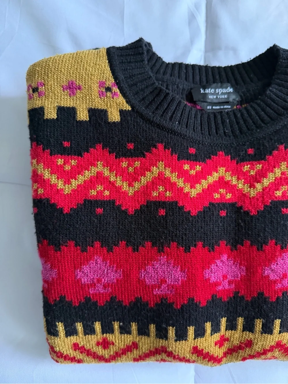kate spade Black Crewneck Sweater with Pink, Red & Gold Fair Isle
